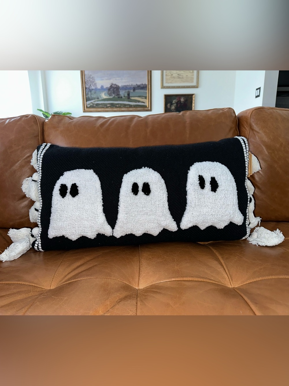 NWT Sweet Street Halloween Black Tufted Ghost Lumbar Pillow Tassels Viral 👻